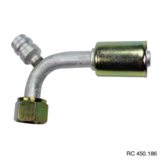 Conexão O’ring 90º Fêmea 08mm Aluminio c/ Válvula de Serviço R134a c/ Clip